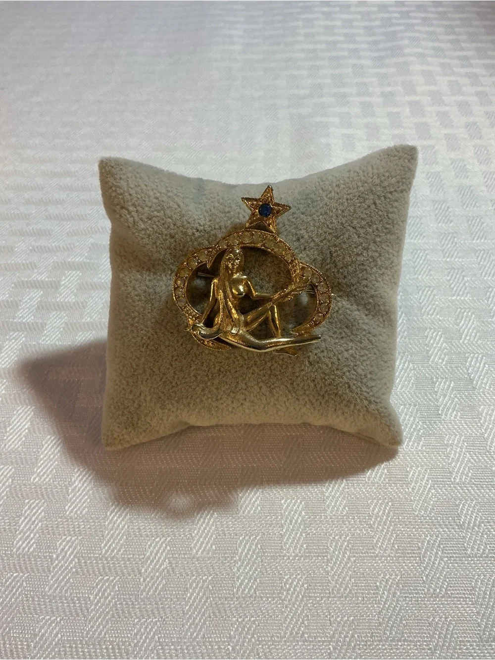 St. Labre Gold Tone Zodiac Brooch with Astrology Goddess Star